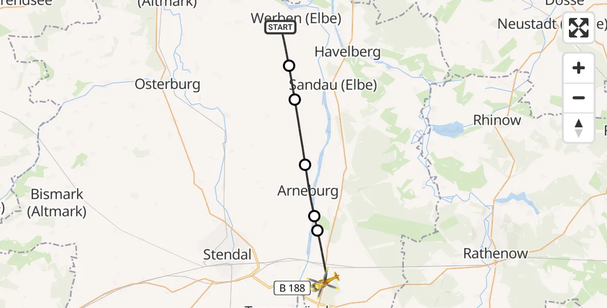 Flugroute Rettungshubschrauber Werben (Elbe) - Schönhausen (Elbe), 21 Juli 2026, 13:20
