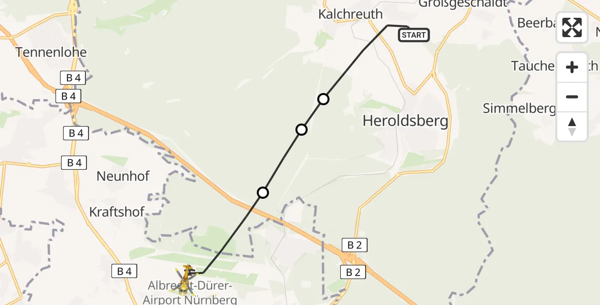 Flugroute Ambulanzhubschrauber Kalchreuth - Flughafen Nuremberg, 21 Juli 2026, 13:22