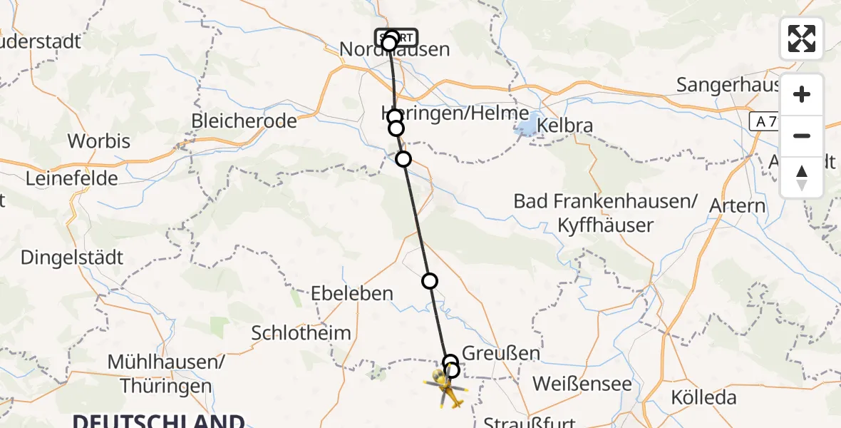 Flugroute Rettungshubschrauber Südharz Hospital Nordhausen - Kutzleben, 21 Juli 2026, 13:25