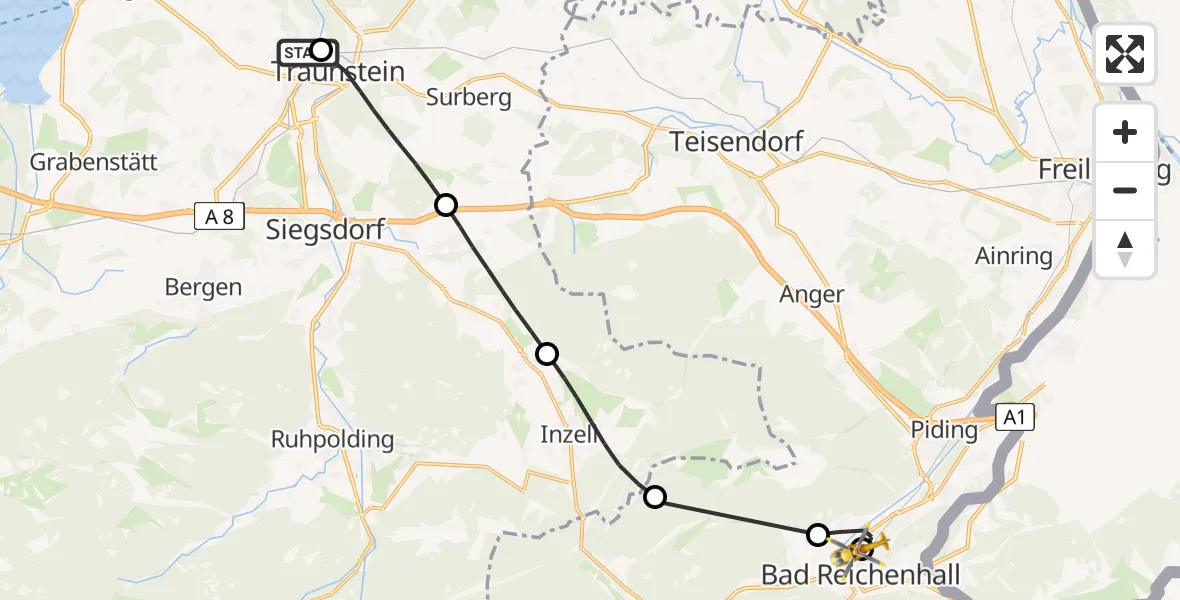 Flugroute Rettungshubschrauber Traunstein Hospital - Bad Reichenhall Krankenhaus Hubschrauberlandeplatz, 21 Juli 2026, 13:26