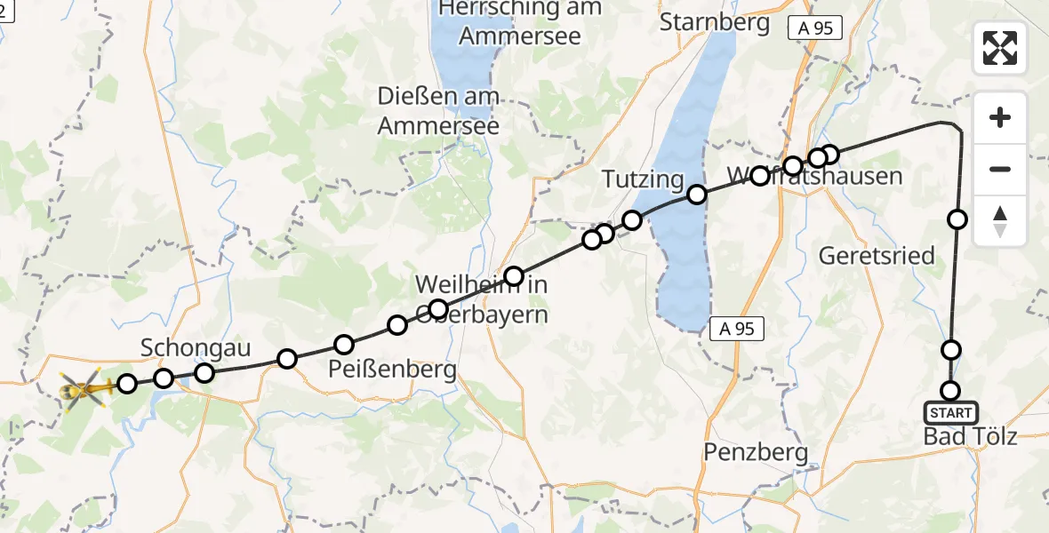 Flugroute Rettungshubschrauber Bad Tölz - Burggen, 21 Juli 2026, 13:27
