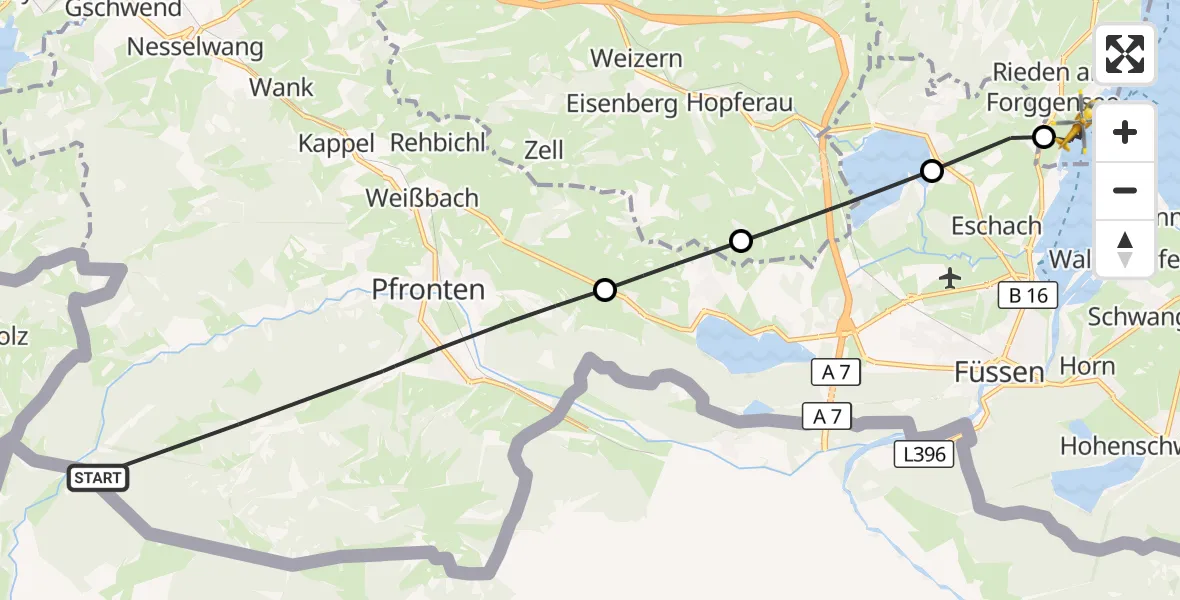 Flugroute Rettungshubschrauber Pfronten - Rieden am Forggensee, 21 Juli 2026, 13:27