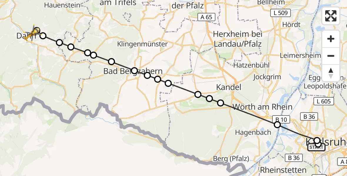 Flugroute Ambulanzhubschrauber Sankt Vincentius Hospital - Dahn, 21 Juli 2026, 13:30