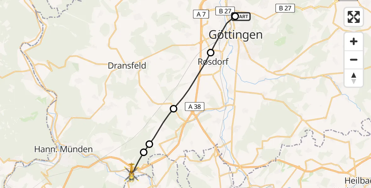 Flugroute Rettungshubschrauber Göttingen University Clinic Hubschrauberlandeplatz - Hann.Münden, 21 Juli 2026, 13:31