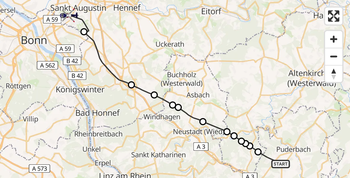 Flugroute Polizeihubschrauber Dürrholz - Sankt Augustin, 21 Juli 2026, 13:32