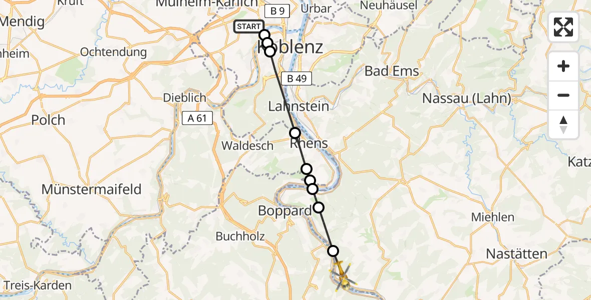 Flugroute Rettungshubschrauber Koblenz - Kestert, 21 Juli 2026, 13:34