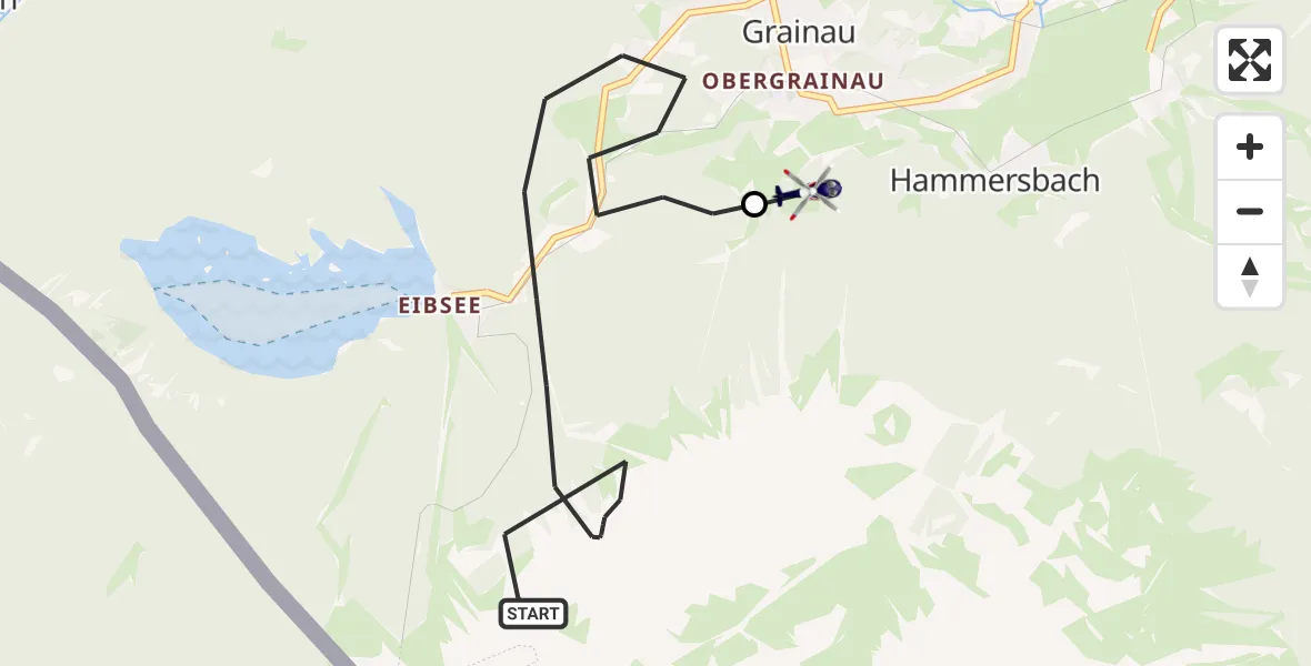 Flugroute Polizeihubschrauber Grainau - Brandweg Hubschrauberlandeplatz, 21 Juli 2026, 13:40