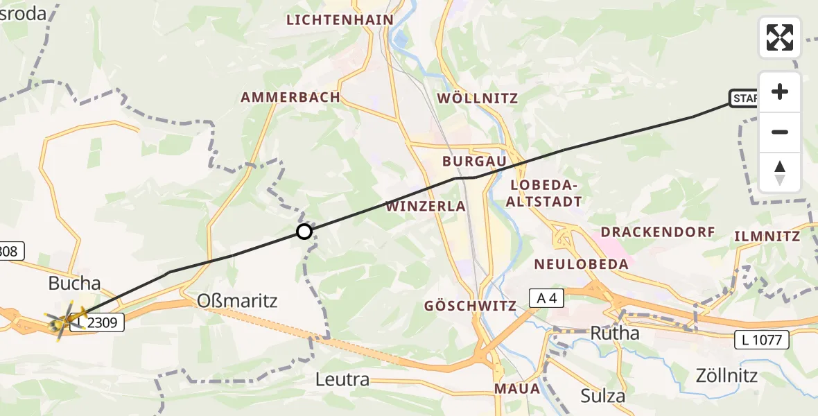 Flugroute Rettungshubschrauber Jena - Bucha, 21 Juli 2026, 13:40