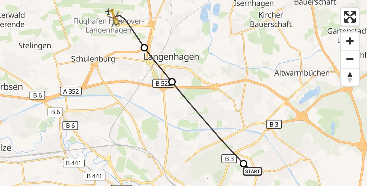 Flugroute Rettungshubschrauber Hannover Luftrettung Hubschrauberlandeplatz (Christoph 4) - Flughafen Hannover, 21 Juli 2026, 13:43