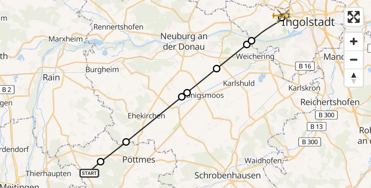 Flugroute Rettungshubschrauber Baar (Schwaben) - Ingolstadt Hospital, 21 Juli 2026, 13:43