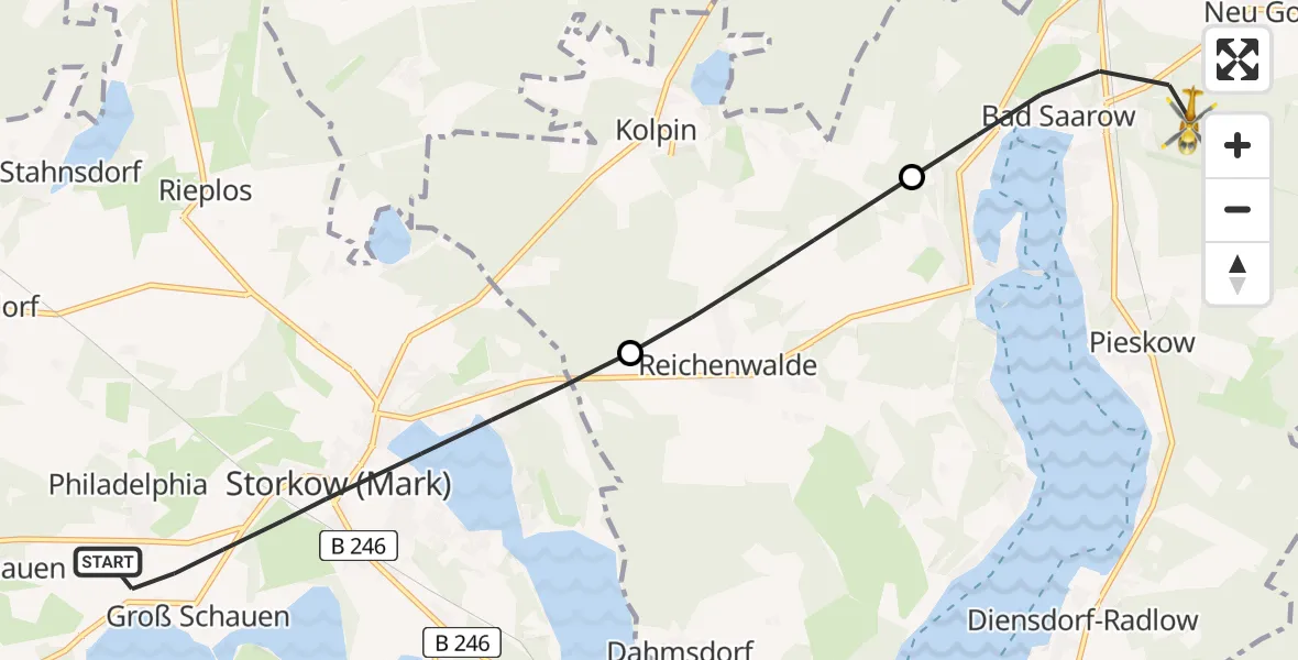 Flugroute Rettungshubschrauber Storkow (Mark) - Bad Saarow, 21 Juli 2026, 13:44