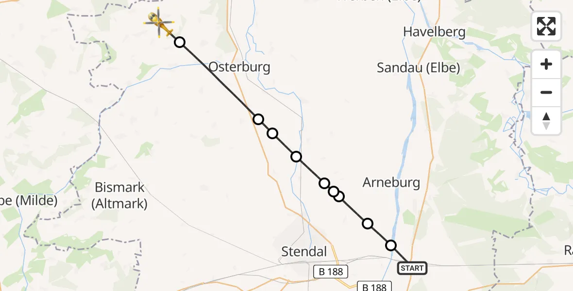Flugroute Rettungshubschrauber Schönhausen (Elbe) - Altmärkische Höhe, 21 Juli 2026, 13:47