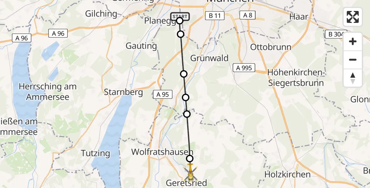 Flugroute Rettungshubschrauber DRF Air Rescue München Hubschrauberlandeplatz - Dietramszell, 21 Juli 2026, 13:52
