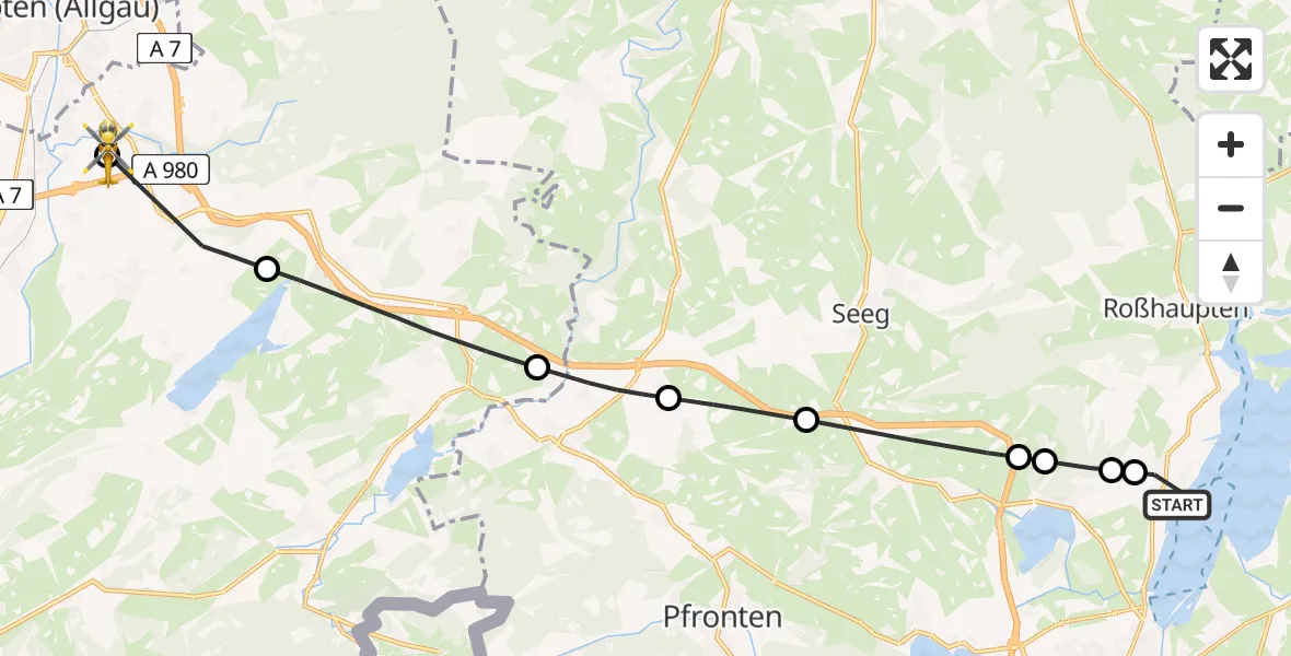 Flugroute Rettungshubschrauber Rieden am Forggensee - Kempten-Durach Flugplatz, 21 Juli 2026, 13:54