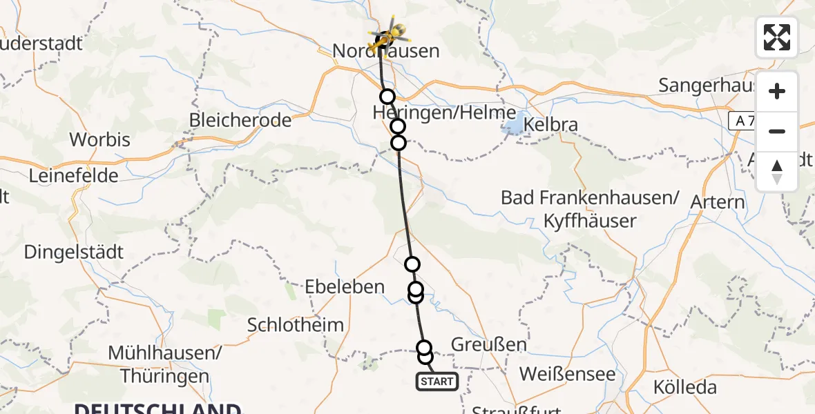 Flugroute Rettungshubschrauber Kutzleben - Südharz Hospital Nordhausen, 21 Juli 2026, 13:57