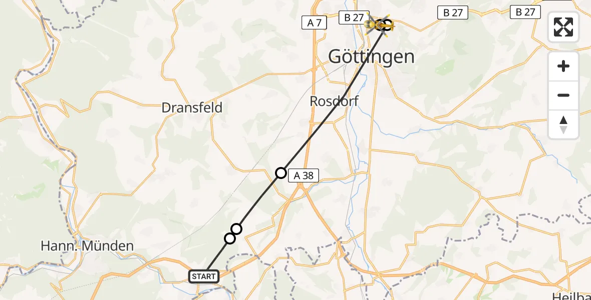 Flugroute Rettungshubschrauber Hann.Münden - Göttingen University Clinic Hubschrauberlandeplatz, 21 Juli 2026, 13:57