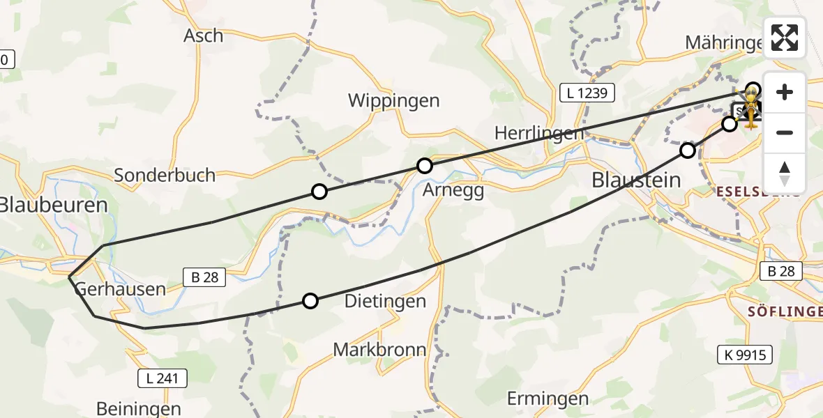 Flugroute Rettungshubschrauber Ulm Military Hospital Emergency - ADAC Air Rescue Station Ulm (Christoph 22), 21 Juli 2026, 14:01