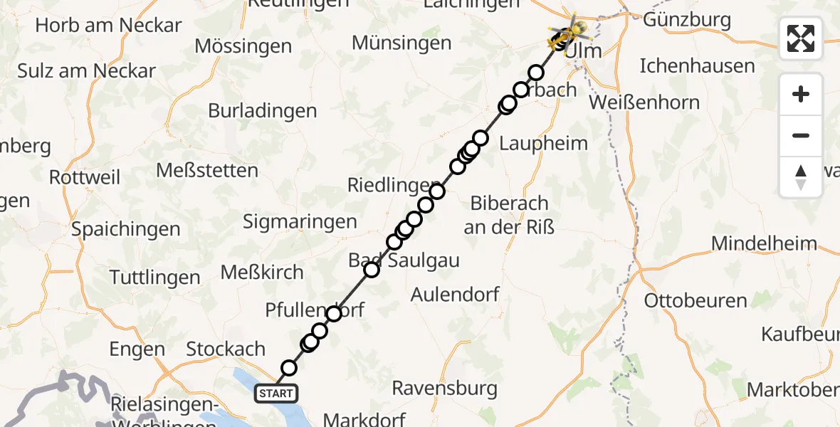 Flugroute Rettungshubschrauber Überlingen - Ulm Military Hospital Emergency, 21 Juli 2026, 14:01