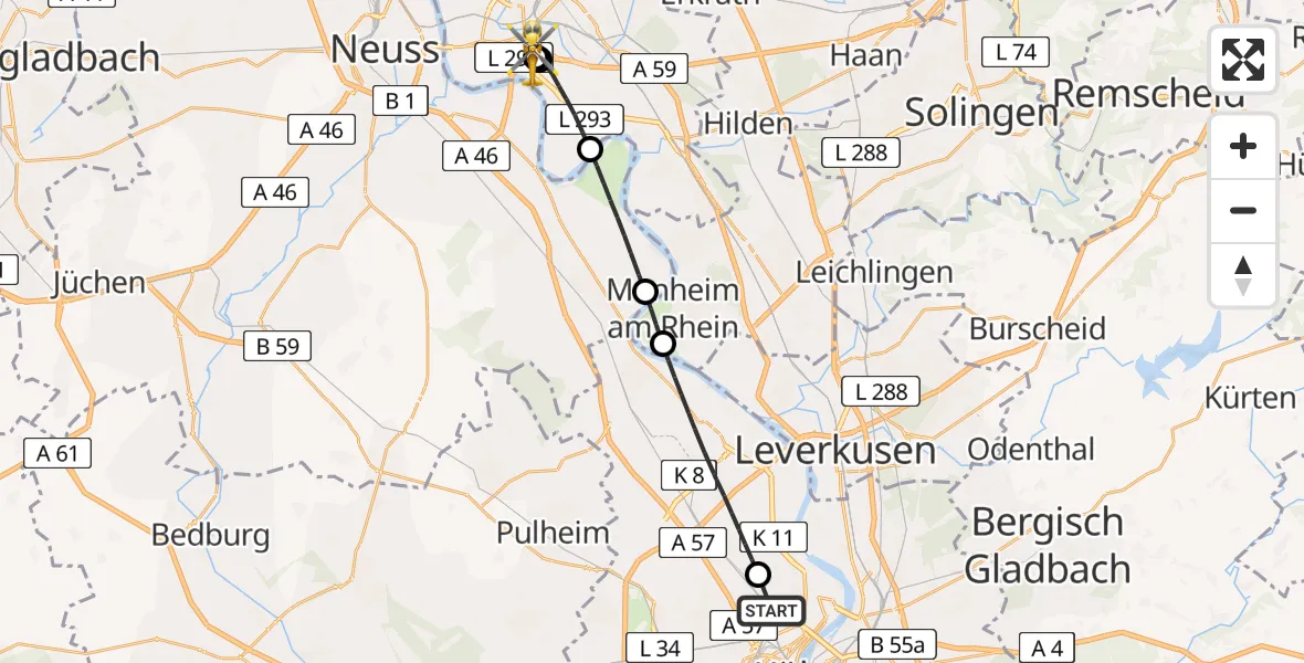 Flugroute Ambulanzhubschrauber Sankt Vinzenz Hospital - Düsseldorf University Hospital, 21 Juli 2026, 14:02