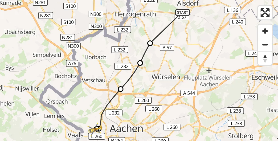 Flugroute Rettungshubschrauber Alsdorf - Aachen Hospital, 21 Juli 2026, 14:02