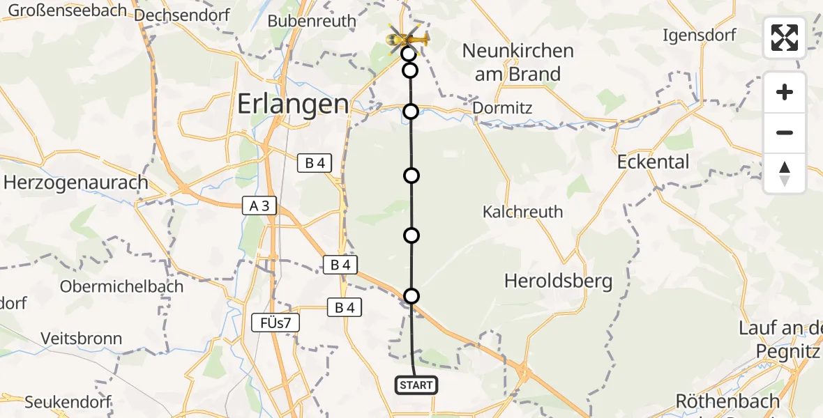 Flugroute Ambulanzhubschrauber Flughafen Nuremberg - Marloffstein, 21 Juli 2026, 14:09