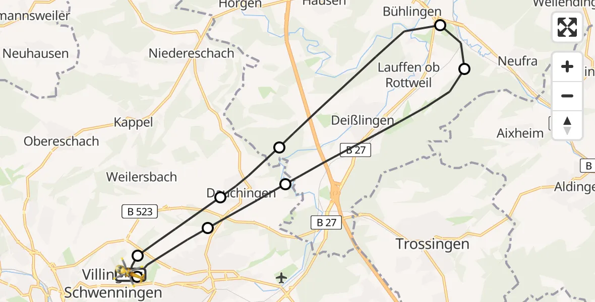 Flugroute Ambulanzhubschrauber DRF Air Rescue Station Villingen-Schwenningen Hubschrauberlandeplatz (Christoph 11) - DRF Air Rescue Station Villingen-Schwenningen Hubschrauberlandeplatz (Christoph 11), 21 Juli 2026, 14:11
