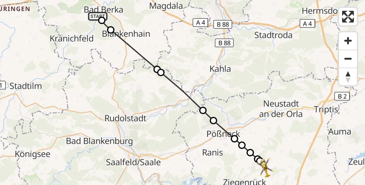 Flugroute Ambulanzhubschrauber Bad Berka Central Hospital - Neustadt an der Orla, 21 Juli 2026, 14:11