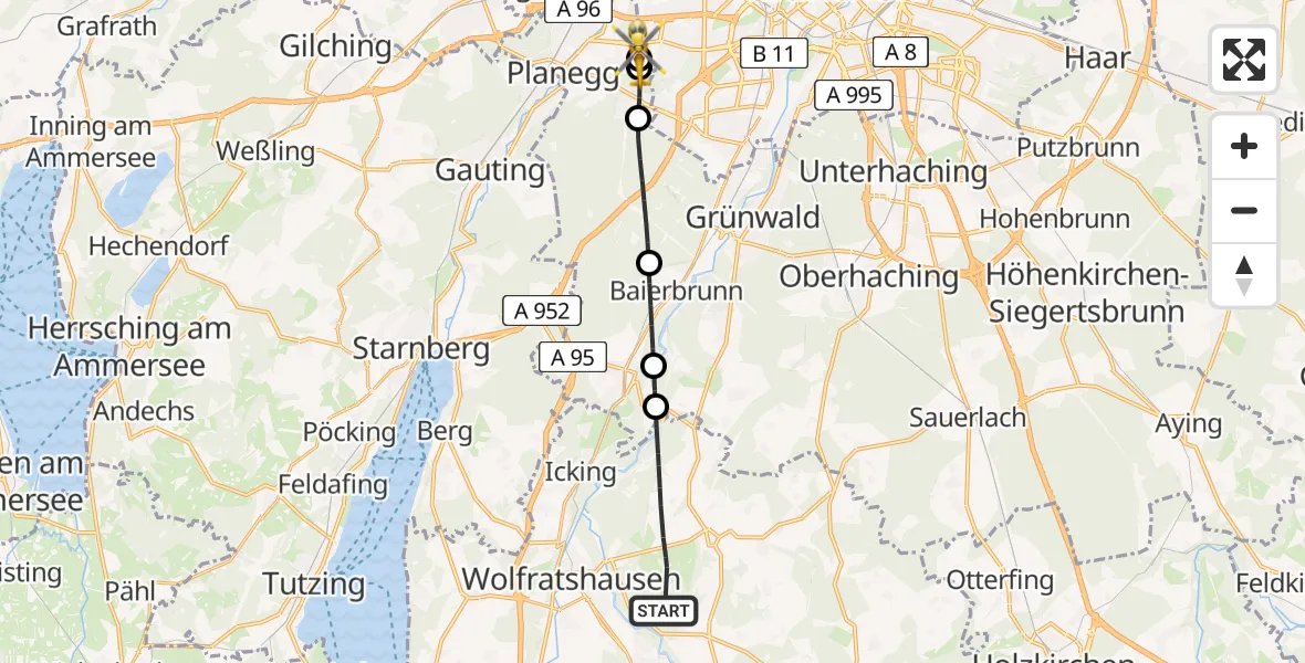 Flugroute Rettungshubschrauber Egling - DRF Air Rescue München Hubschrauberlandeplatz, 21 Juli 2026, 14:16