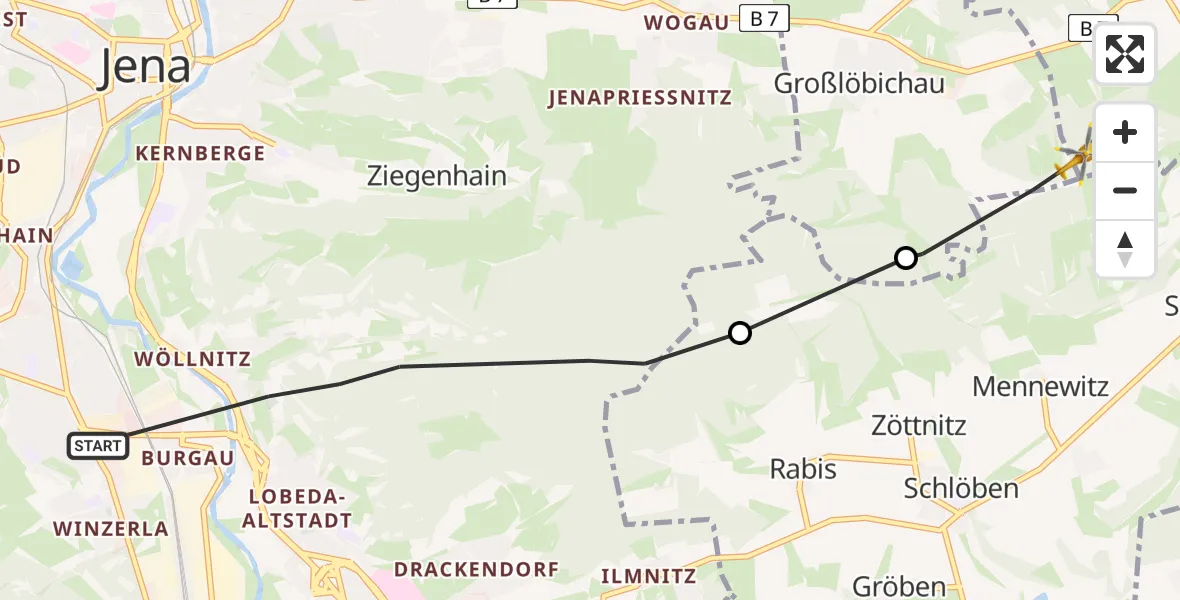 Flugroute Rettungshubschrauber Jena - Bürgel, 21 Juli 2026, 14:17