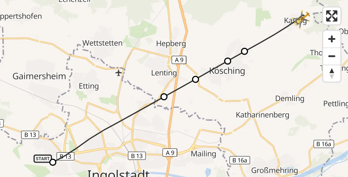 Flugroute Rettungshubschrauber Ingolstadt Hospital - Kösching, 21 Juli 2026, 14:26
