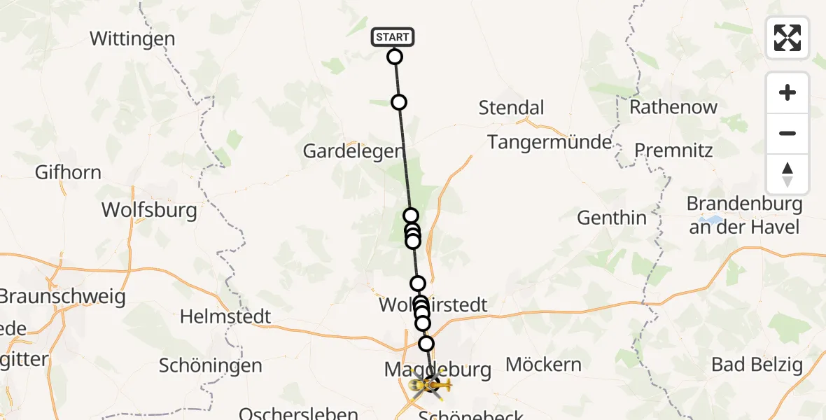 Flugroute Rettungshubschrauber Kalbe (Milde) - Magdeburg University Hospital, 21 Juli 2026, 14:31