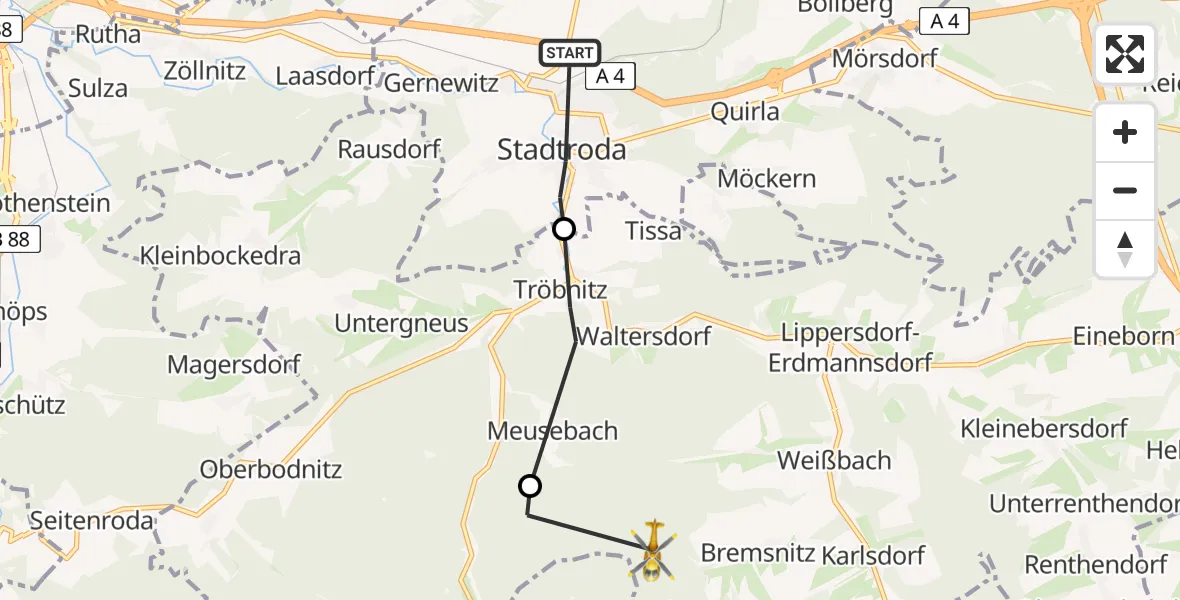 Flugroute Rettungshubschrauber Stadtroda - Meusebach, 21 Juli 2026, 14:32