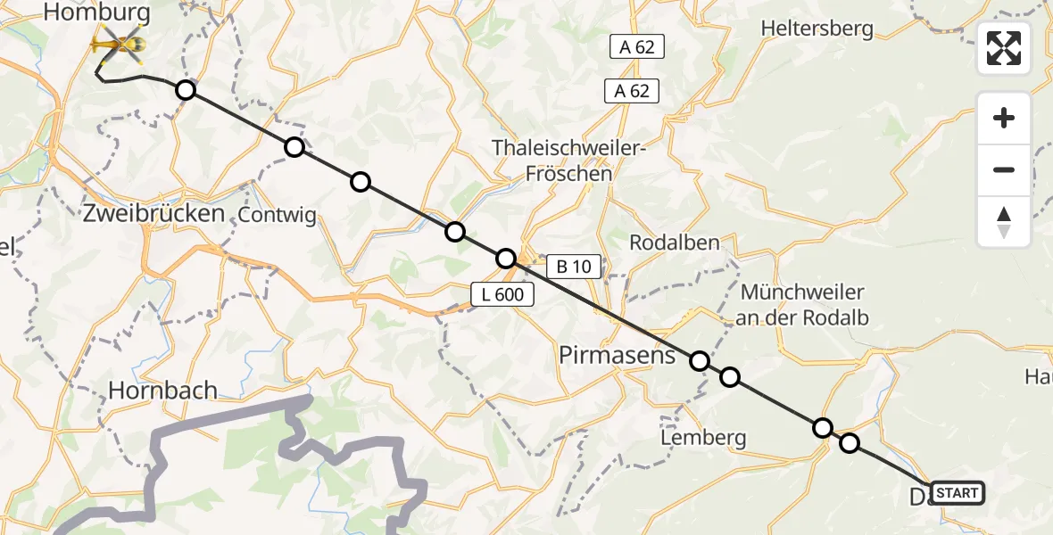 Flugroute Ambulanzhubschrauber Dahn - Homburg, 21 Juli 2026, 14:43