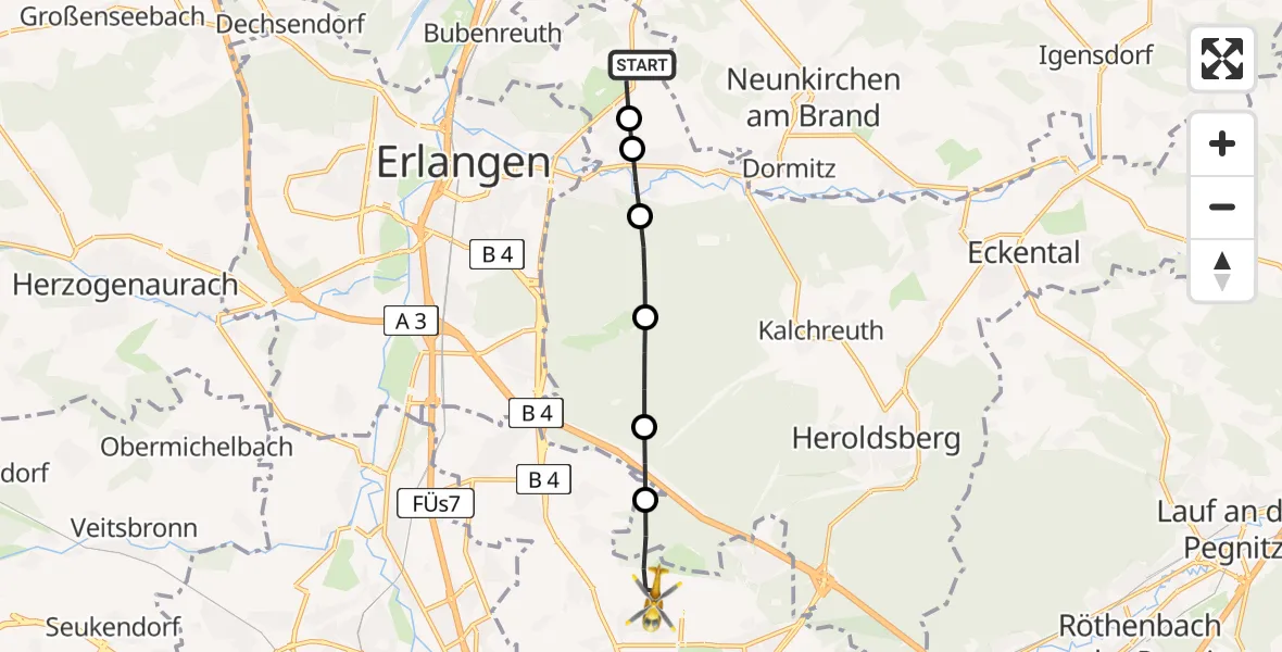 Flugroute Ambulanzhubschrauber Marloffstein - Flughafen Nuremberg, 21 Juli 2026, 14:45