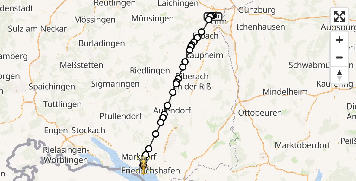 Flugroute Rettungshubschrauber Ulm Military Hospital Emergency - Friedrichshafen Hospital, 21 Juli 2026, 14:48
