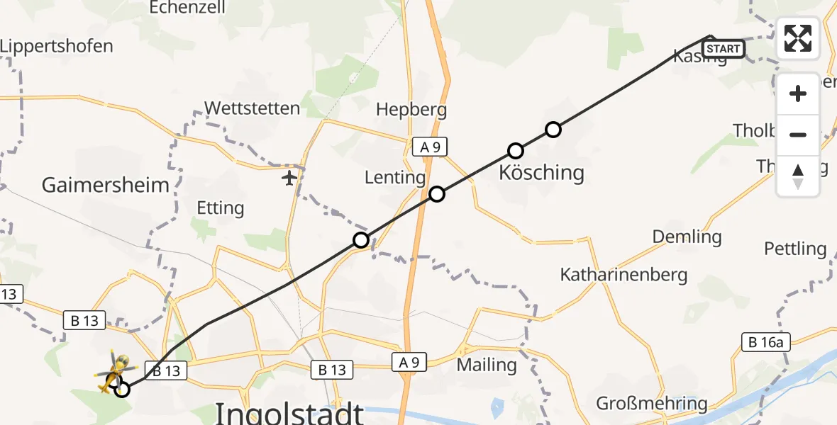 Flugroute Rettungshubschrauber Kösching - Ingolstadt Hospital, 21 Juli 2026, 14:50