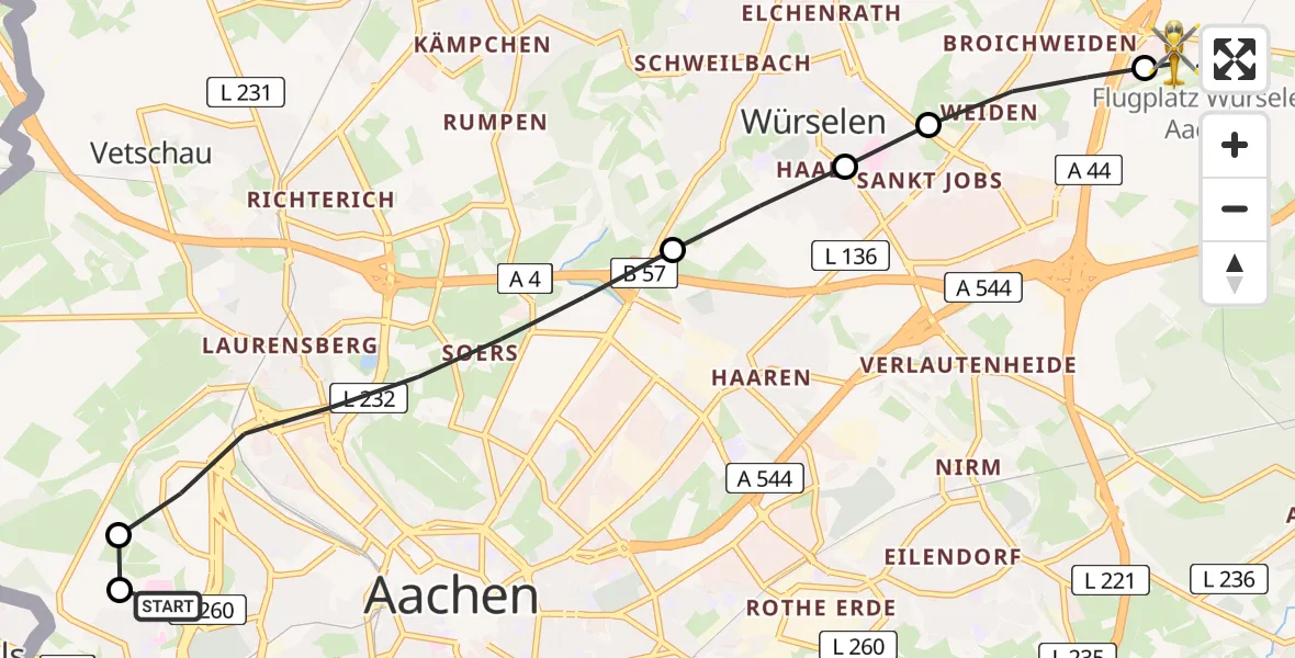 Flugroute Rettungshubschrauber Aachen Hospital - Aachen-Merzbrück Flughafen, 21 Juli 2026, 14:55