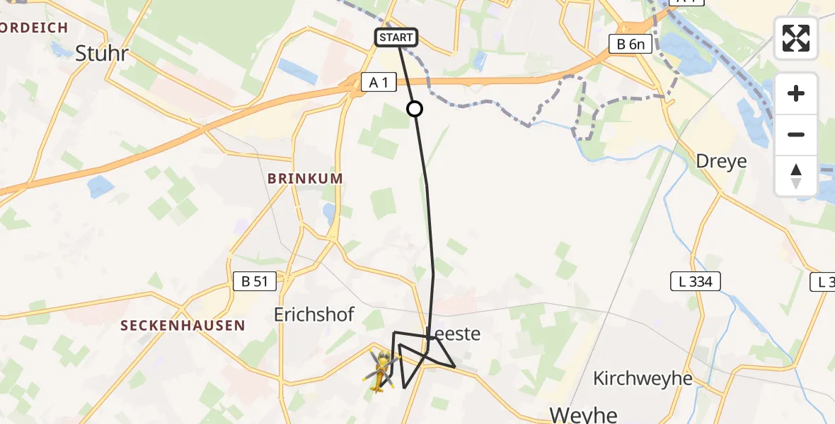 Flugroute Rettungshubschrauber Stuhr - Weyhe, 21 Juli 2026, 15:00