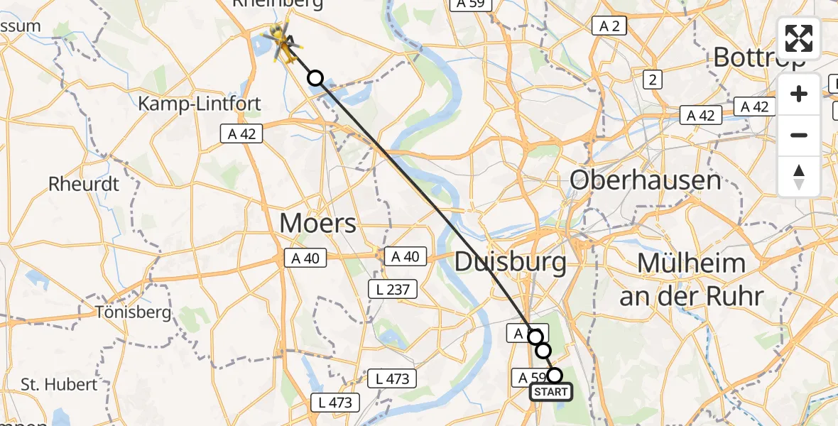 Flugroute Rettungshubschrauber Duisburg Air Rescue Hubschrauberlandeplatz (Christoph 9) - Rheinberg, 21 Juli 2026, 15:01
