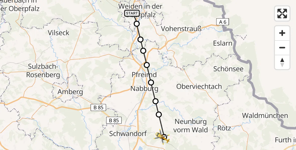 Flugroute Ambulanzhubschrauber Weiden i.d.OPf. - Bodenwöhr, 21 Juli 2026, 15:02
