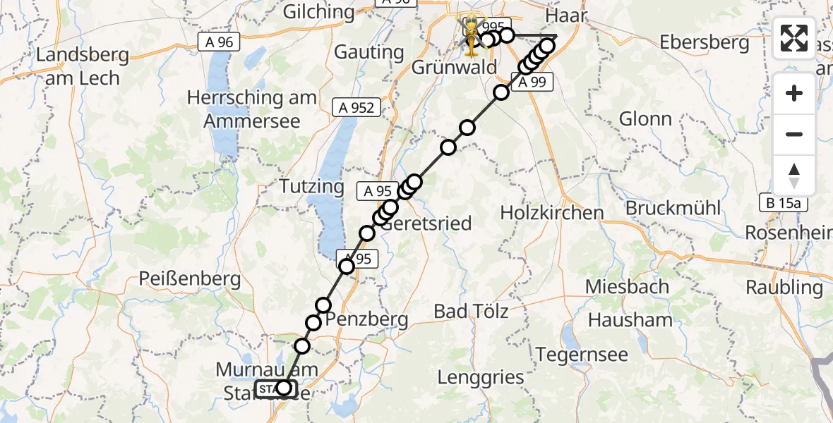 Flugroute Rettungshubschrauber Murnau Accident Hospital - ADAC Air Rescue Center Hubschrauberlandeplatz (Christoph 1), 21 Juli 2026, 15:02
