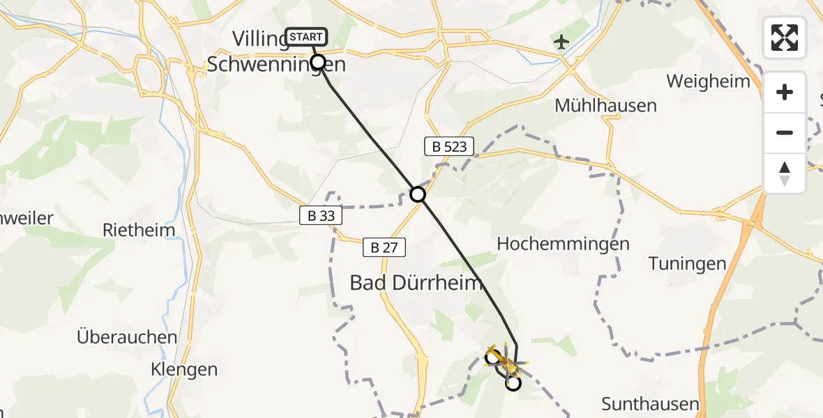 Flugroute Ambulanzhubschrauber DRF Air Rescue Station Villingen-Schwenningen Hubschrauberlandeplatz (Christoph 11) - Donaueschingen, 21 Juli 2026, 15:05