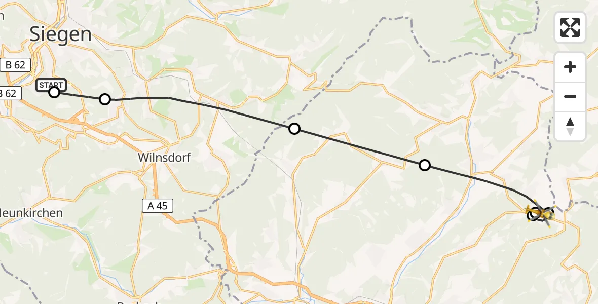 Flugroute Rettungshubschrauber Evangelisches Jung-Stilling Hospital - Flugplatz Hirzenhain, 21 Juli 2026, 15:08