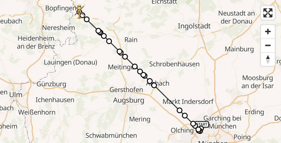 Flugroute Rettungshubschrauber Karlsfeld - Nördlingen, 21 Juli 2026, 15:12