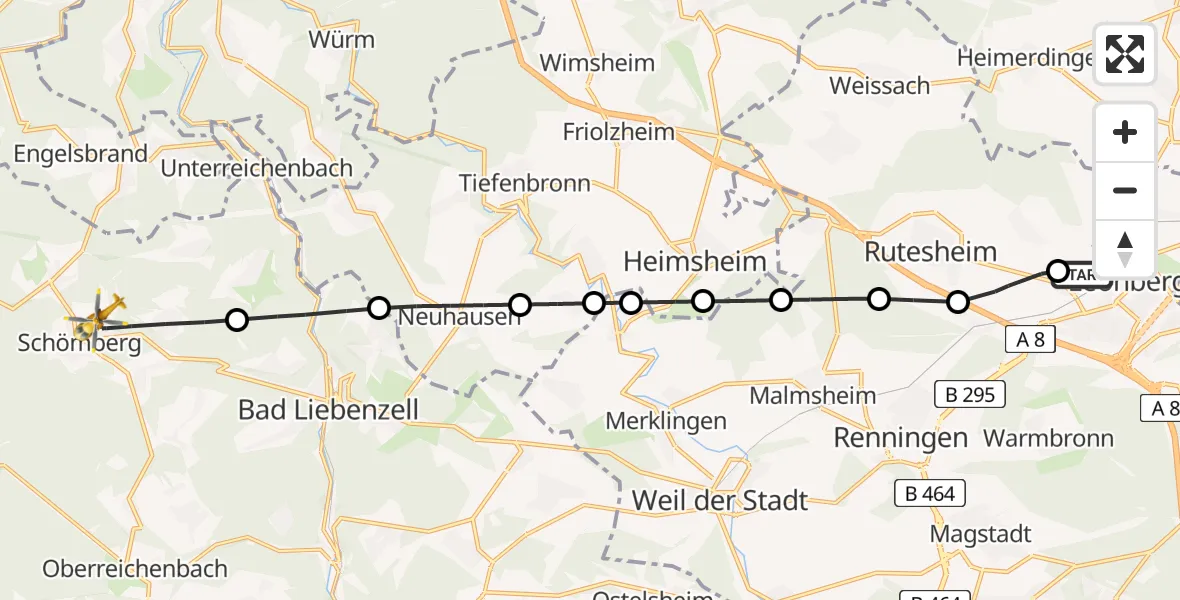 Flugroute Rettungshubschrauber Leonberg Hospital - Schömberg, 21 Juli 2026, 15:32