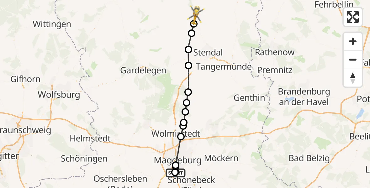 Flugroute Rettungshubschrauber Magdeburg City Flugplatz - Osterburg (Altmark), 21 Juli 2026, 15:32