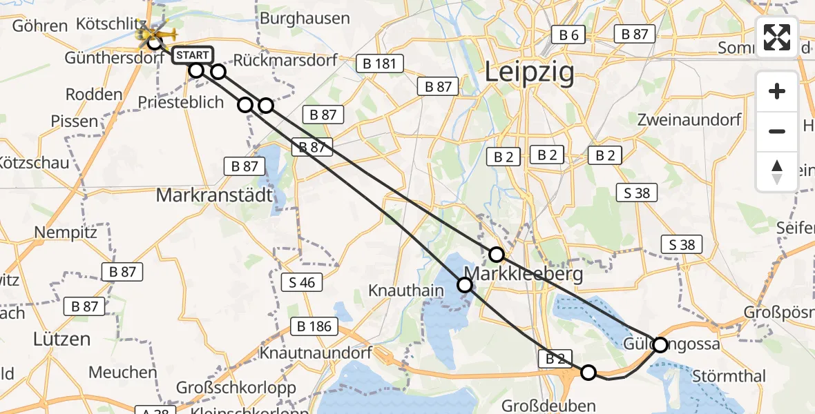 Flugroute Rettungshubschrauber Schkeuditz - ADAC Air Rescue Station Leipzig/Schkeuditz-Dölzig Hubschrauberlandeplatz (Christoph 61), 21 Juli 2026, 15:33