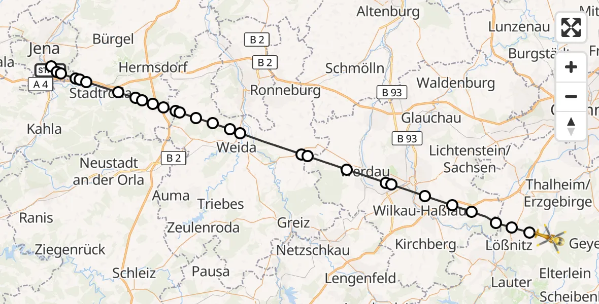 Flugroute Rettungshubschrauber Lobeda Hubschrauberlandeplatz - Zwönitz, 21 Juli 2026, 15:33