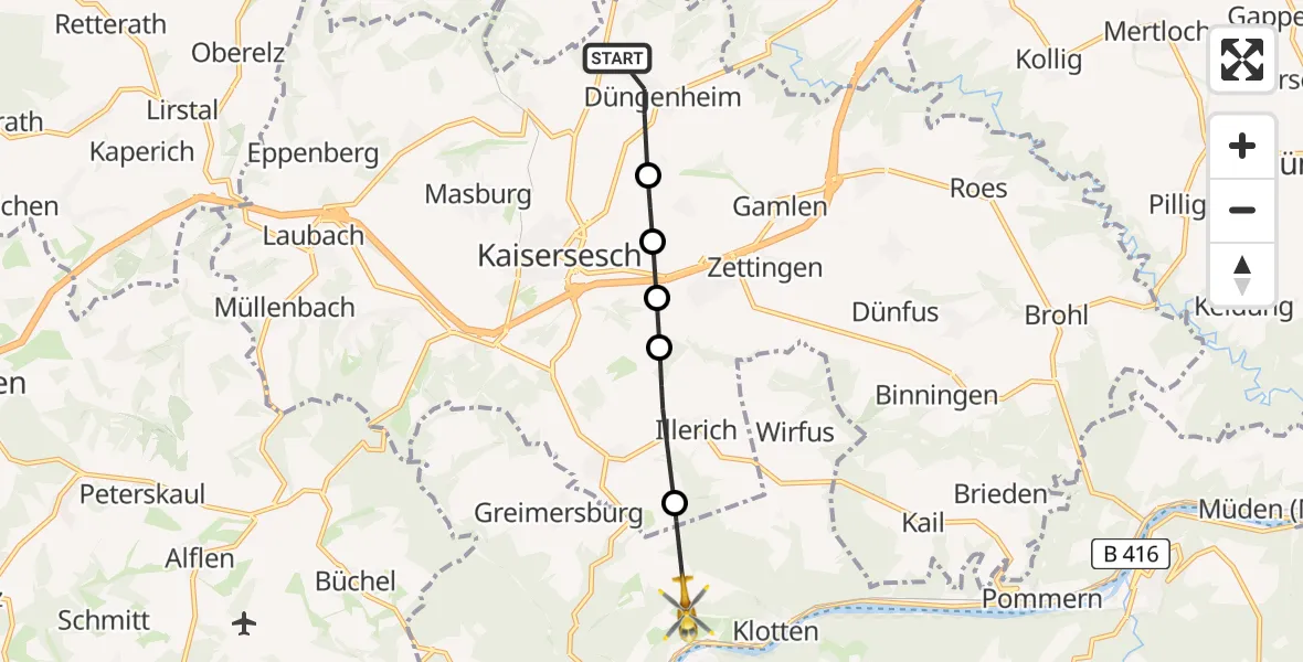 Flugroute Rettungshubschrauber Düngenheim - Klotten, 21 Juli 2026, 15:34