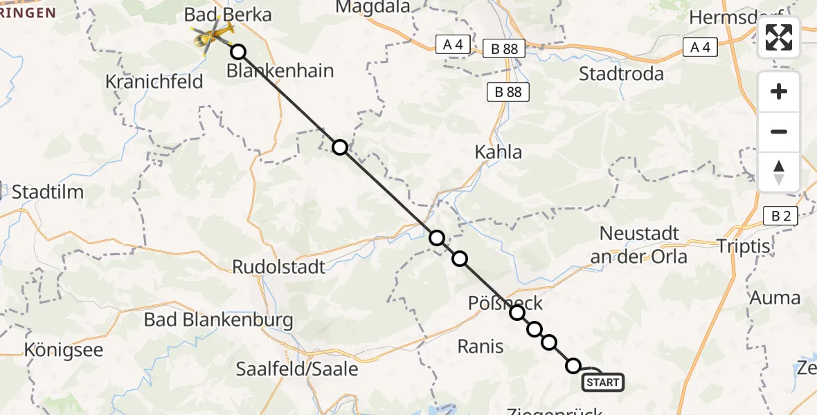 Flugroute Ambulanzhubschrauber Neustadt an der Orla - Bad Berka Zentralklinik Hubschrauberlandeplatz, 21 Juli 2026, 15:35